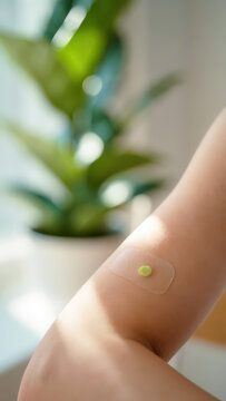 Adhesive wearable fertility tracker patch on female arm, smart ovulation monitoring sensor, hormonal cycle data collection, femtech device at home, wireless health technology, closeup