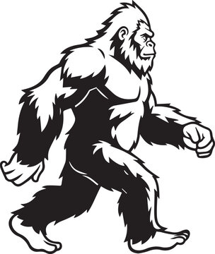 Bigfoot Sasquatch creature walking with muscular build and heavy fur, bold vintage cryptozoology emblem style black and white vector illustration
