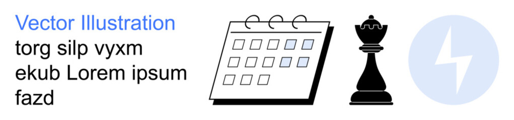 Strategic planning, time management, leadership, decision-making, energy management, productivity. A calendar, chess rook and energy bolt icon. Strategic planning and time management concept © robu_s