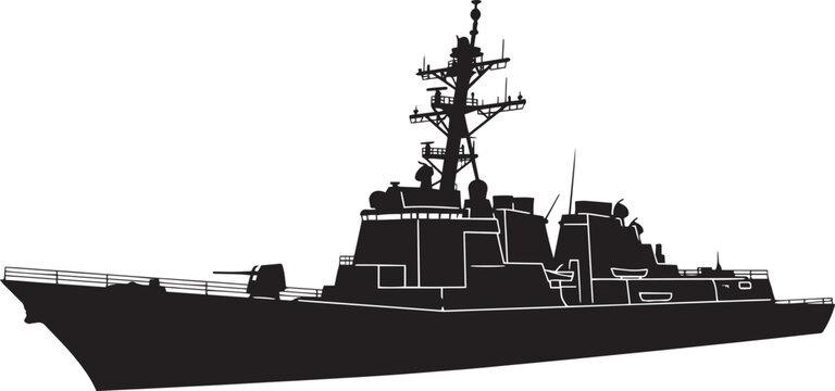 Modern guided-missile destroyer silhouette with complex superstructure and phased-array radar arrays, sleek tactical black and white vector illustration
