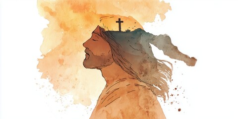Fototapeta premium a side profile of jesus, with the silhouette of an empty cross superimposed on his head, set against a warm background with soft orange and brown hues Generative AI
