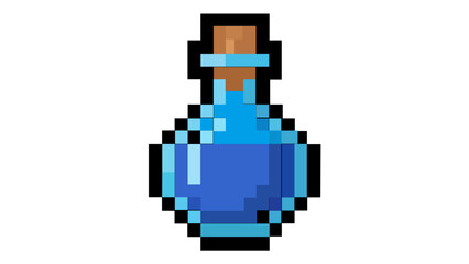 Fototapeta premium Pixel art vector illustration of a blue magic potion bottle with a cork stopper, isolated on a white background. This 8-bit retro game asset icon is perfect for gaming and fantasy designs.