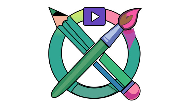 Colorful creative process vector icon illustration featuring crossed pencil and paintbrush over a circular gradient frame with a play button, representing digital art, design, and multimedia.