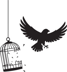 Fototapeta premium Bird Escaping from Broken Hanging Cage, Dramatic Silhouette Freedom Theme black and white vector illustration 