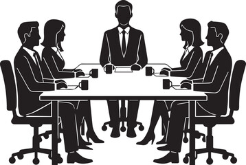 Obraz premium Five corporate professionals sitting around a conference table, collaborative meeting scene black and white vector illustration 