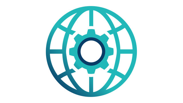 Professional vector illustration of a teal gradient globe with a central gear icon, representing global industry, technical connectivity, brand identity, and international business operations.