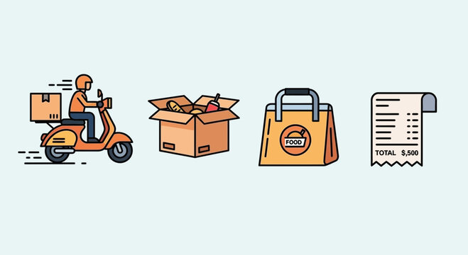 Food delivery service icons set, courier on scooter, cardboard box and receipt