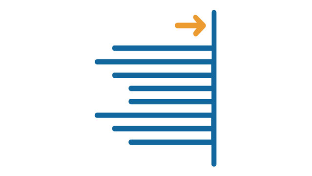 Flat minimalist vector illustration of a right alignment typography icon with blue horizontal text lines and an orange arrow pointing to a vertical margin, ideal for UI design and web layout.