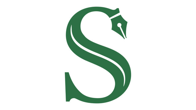 Professional green letter S vector icon illustration featuring a fountain pen nib and organic leaf shape. Minimalist flat design for creative writing, blogging, or eco-friendly brand identity.