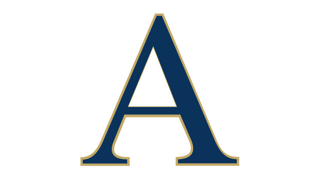 Elegant minimalist vector illustration of a capital letter A in deep navy blue with a thin gold outline, perfect for luxury branding, monograms, and sophisticated typography design projects.