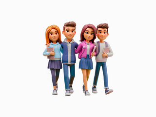 Obraz premium Group of cheerful teenage students walking together and holding books in this engaging 3d character animation motion video