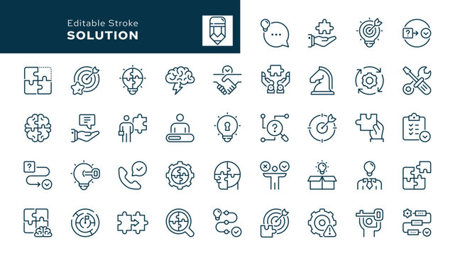 Solution. Set of outline icons.  Problem solving, resolve, solved, maze, thinking, result, issue, idea, success and more.  Line icon in linear style. Vector collection	