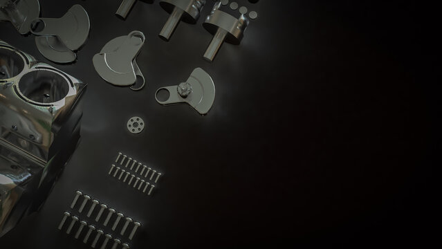 Shiny Engine Cylinder Block And Pistons Mechanical Parts 3d render.