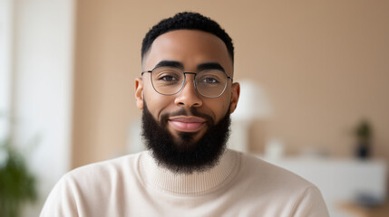 Obraz premium a confident smiling adult man indoors, medium close-up framing, head and upper torso clearly visible, not an extreme face crop, shoulders fully included in frame, subject looking d