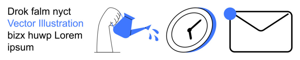 Productivity, project management, idea growth, time tracking, goal setting, digital communication. Watering can pouring over clock and envelope icon. Time tracking and idea growth © robu_s