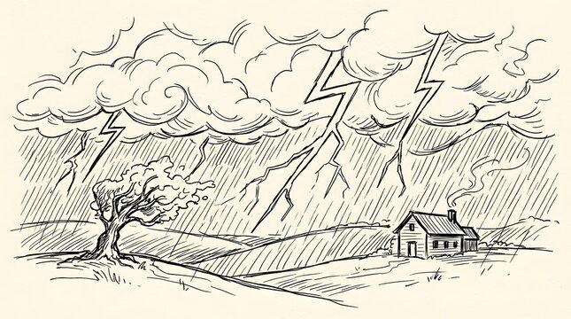 drawing weather house landscape tree storm wind