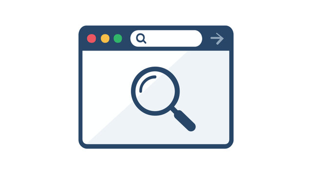 Vector illustration of a web browser window with a magnifying glass icon, representing search engine optimization, online data analysis, and internet browsing in a flat minimalist design style.