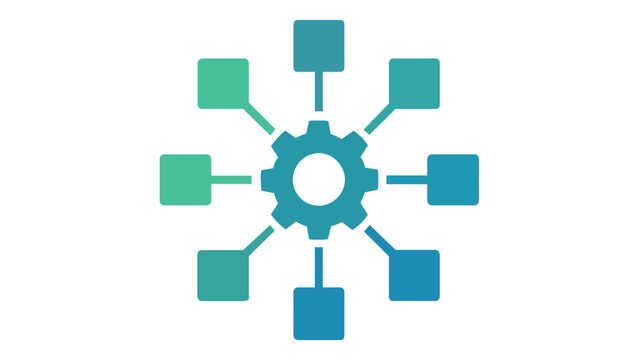 AI-generated flat vector illustration featuring a central gear connected to eight square nodes in a vibrant green and blue gradient, symbolizing web design, system integration, and networking.