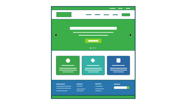 Minimalist flat vector illustration of a professional website homepage interface design icon with a hero image slider and three-column feature section for UI/UX development projects.