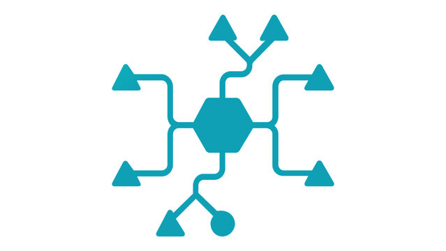 Cyan geometric graphic featuring a middle six-sided core linked to outward-reaching paths and directional markers, signifying info transmission, online framework, and organizational mapping.