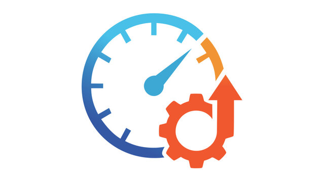 Performance optimization vector icon illustration featuring a blue speedometer and an orange gear with an upward arrow, representing speed, efficiency, and growth for mobile web design.