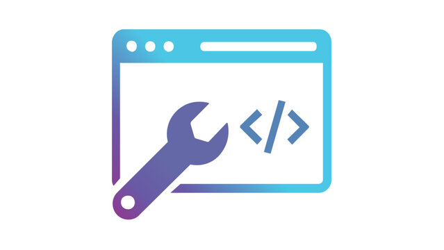 Scalable vector icon illustration of a browser window featuring a wrench and code brackets, symbolizing web development, technical support, website maintenance, and programming services.