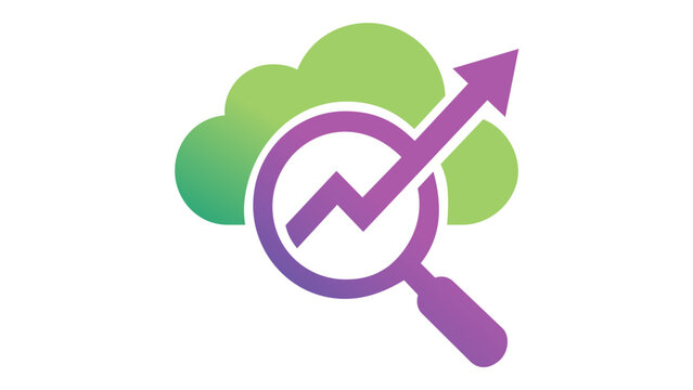 Scalable vector illustration of a cloud computing data analysis icon featuring a magnifying glass with an upward growth arrow graph, representing business intelligence and technology solutions.