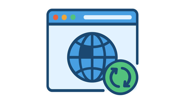 Vector icon illustration of a web browser window with a globe and circular refresh arrows, representing global internet connectivity, web accessibility, data synchronization, and online updates.