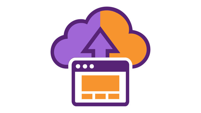 Vector icon illustration of a cloud upload process featuring a browser window and an upward arrow, symbolizing cloud computing, data storage, web content management, and online backup services.