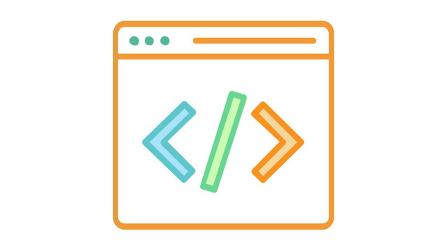Modern minimalist web development vector icon illustration of a browser window with HTML code tags and a slash symbol, featuring a vibrant blue to orange gradient outline for software engineering.