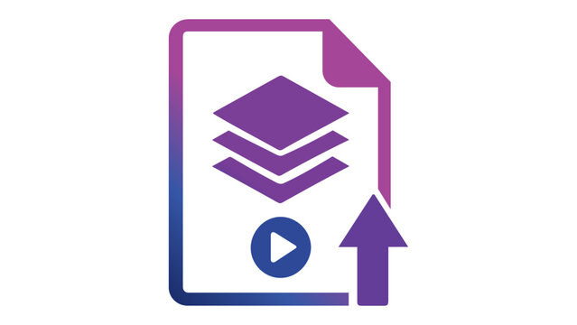 Modern web hosting and cloud storage vector icon illustration featuring a document symbol with stacked data layers, a play button, and an upload arrow in a sleek blue and purple gradient style.