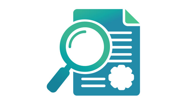 Teal gradient vector illustration of a document with a magnifying glass and a seal, representing web hosting services, domain search, file inspection, audit, and quality assurance certification.