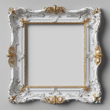 Elegant white and gold ornate picture frame with intricate details and swirling patterns for luxurious home decor