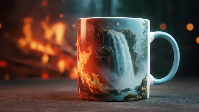 Ceramic mug with waterfall and fire design on wooden table