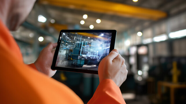 a technician using a digital tablet in a large production workshop, close-up to medium-close framing, foreground dominated by a horizontal tablet held with both hands, screen turne