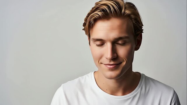 Handsome man styling his blonde hair
