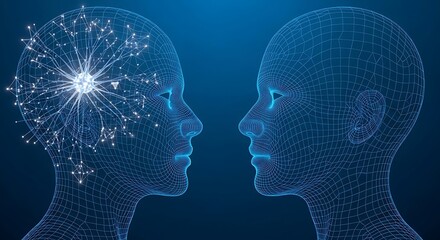 Obraz premium Wireframe heads face each other; one shows radiant brain activity, digital connection
