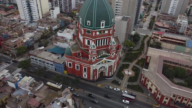 Aerial drone medium shot high angle view of Iglesia del Inmaculado Coraz&oacute;n de Mar&iacute;a, Magdalena del Mar, Lima, Peru