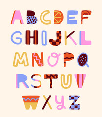 Summer Creative Alphabet. Charming and fun summer font with geometric patterns and decorative elements. Trendy typography. Flat hand drawn vector illustration collection isolated on background