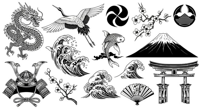 Japanese Cultural Icons: Dragon, Crane, Mt. Fuji, Samurai Helmet, Waves, Fan, Torii Gate