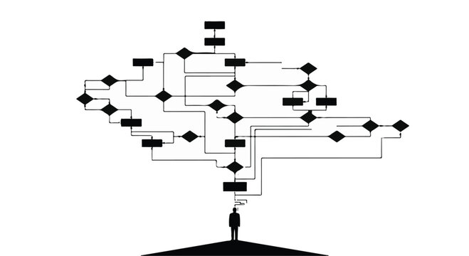 man standing in front of complex flowchart or decision tree diagram