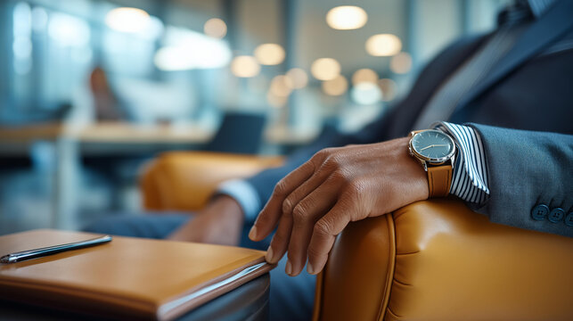 Close up of a hand resting on a leather armchair armrest in a bright modern office the sleeve of a tailored suit and a wristwatch visible a pen and a leather bound folder on