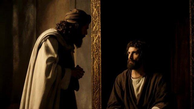 Absalom plotting his rebellion against King David. Medium shot of the handsome prince with an advisor in a royal setting. Biblical betrayal concept