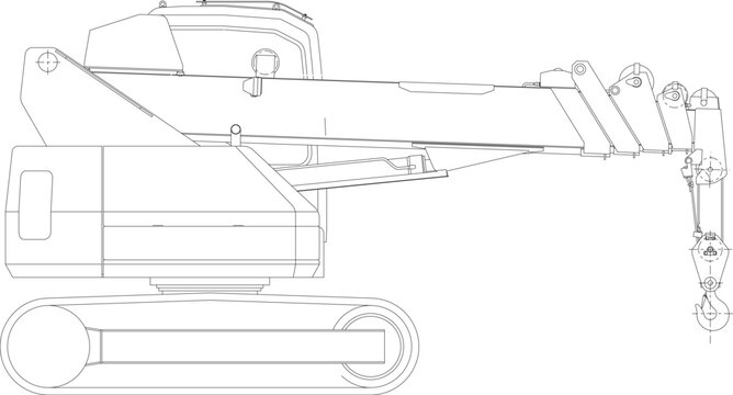 Technical engineering drawing showing a side elevation of a crawler crane with a telescopic boom, hook block, and caterpillar tracks.