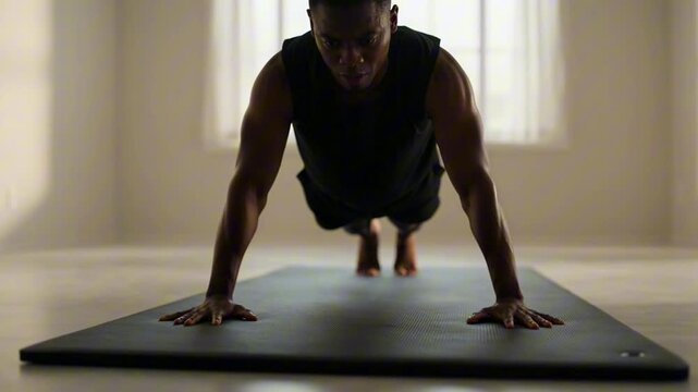 A man doing push-ups on a mat in a well-lit room during a fitness video