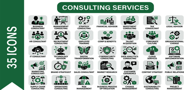 Comprehensive vector icon collection illustrating diverse business strategies, professional management, digital transformation, and expert advisory solutions for enterprise success