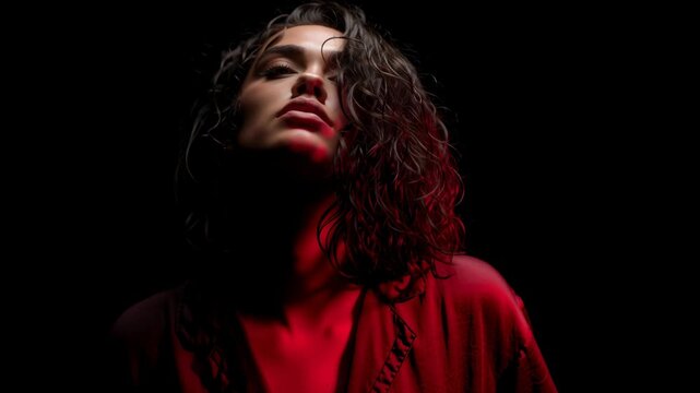 Emotional turmoil and inner conflict a woman stands in red light looking upwards in slow motion representing mental health awareness.