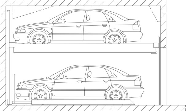 Technical engineering drawing showing a side elevation of a double-decker mechanical parking lift system with two sedans stacked vertically.