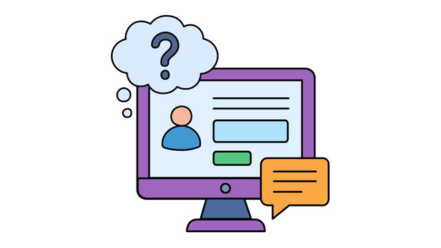 Usability testing vector icon illustration featuring a computer monitor with a user profile interface, a question mark thought bubble, and a speech bubble for feedback and UX design research.