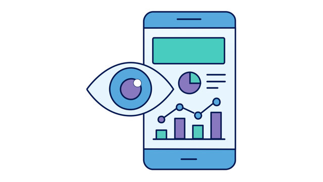 Flat vector illustration of a smartphone displaying data analytics charts and a large eye icon, symbolizing user experience monitoring, UX/UI design, mobile app tracking, and data visualization.